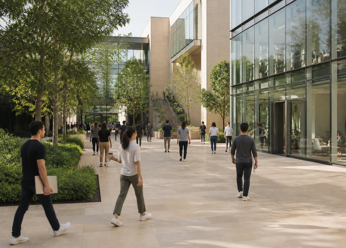 Technology campus workers crossing a sunlit plaza between glass office buildings