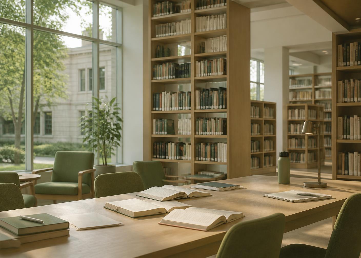 Campus study room with reading tables, representing the trading education library